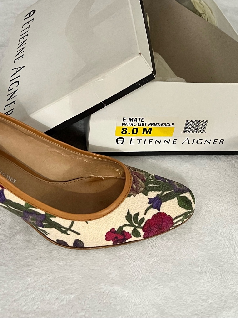 Etienne Aigner Cream Floral Pump with Pink and Purple Embroidery